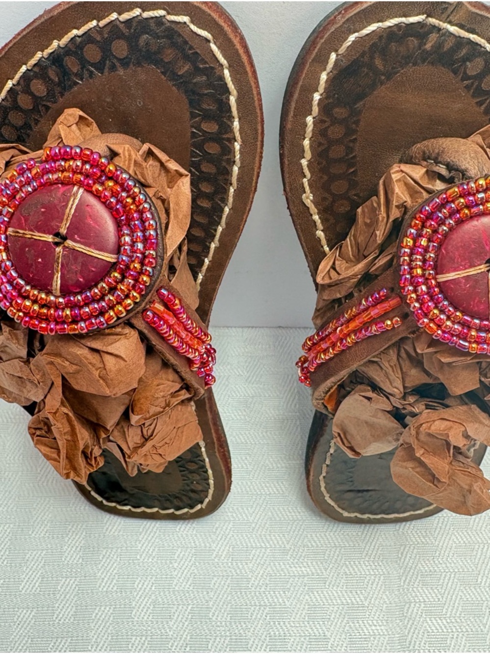 Adorable Bohemian Little Girls Brown Leather Beaded Toe-Post Sandals Boho Hippie - Picture 12 of 14
